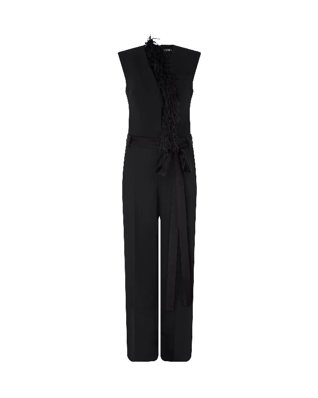 DETACHABLE FEATHER TRIM JUMPSUIT