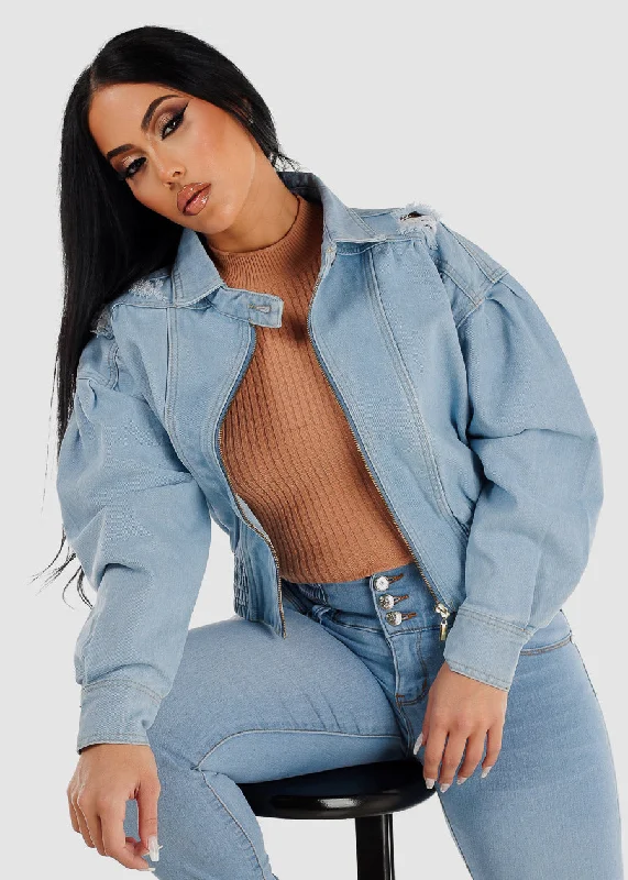 Distressed Zip Up Denim Bomber Jacket Light Blue