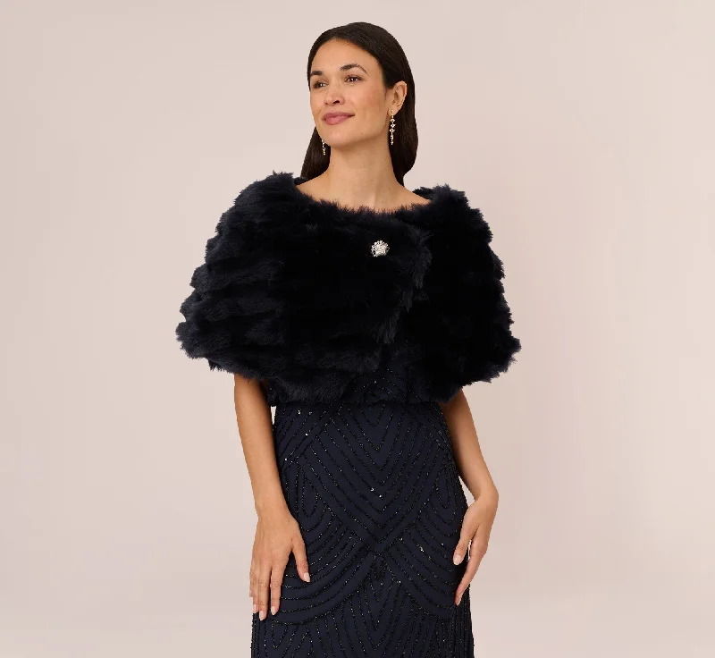 Faux Fur Wrap With Stone Broach In Midnight