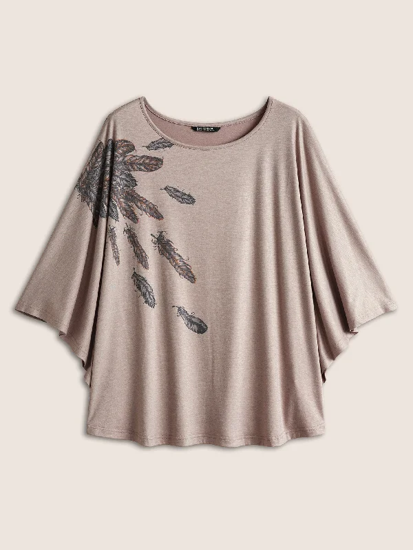 feather-print-batwing-sleeve-t-shirt