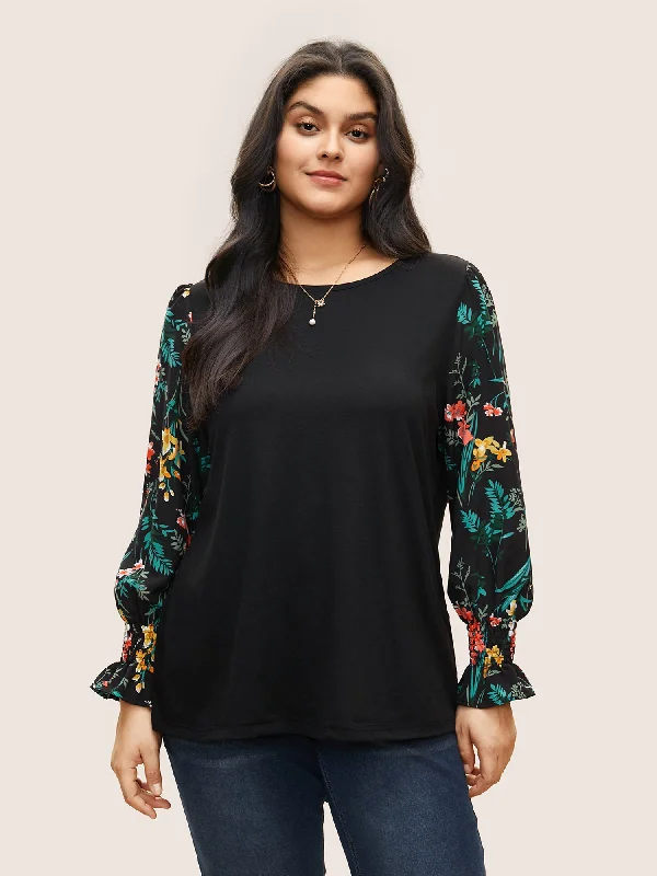 Floral Patchwork Shirred Round Neck T-shirt