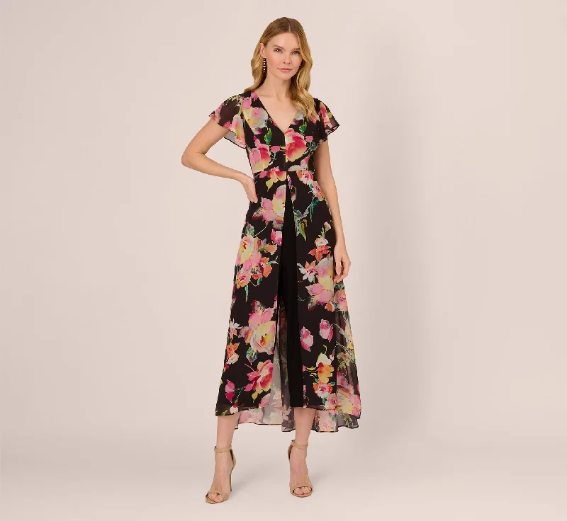 Floral Print Cropped Jumpsuit With Skirt Overlay In Black Multi