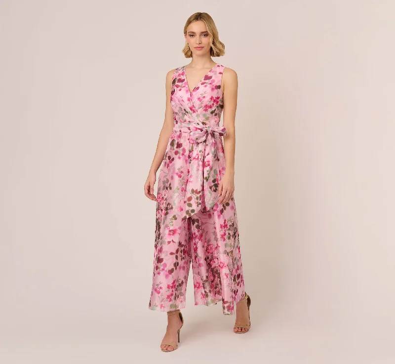 Floral Print Organza Sleeveless Jumpsuit With Self Tie Waist In Pink Multi