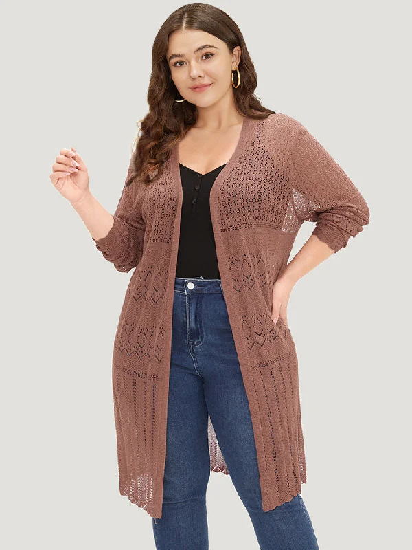 Geometric Eyelet Open Front Maxi Cardigan