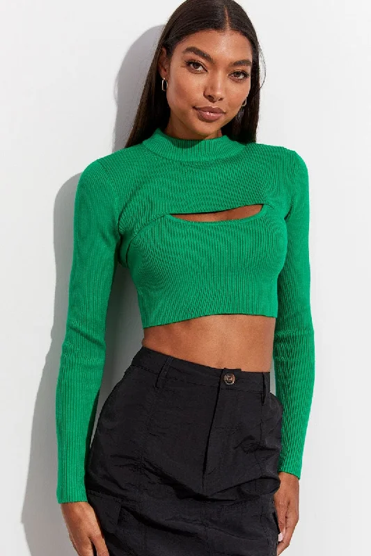 Green Knitted Cami Top And High Neck Shrug Set