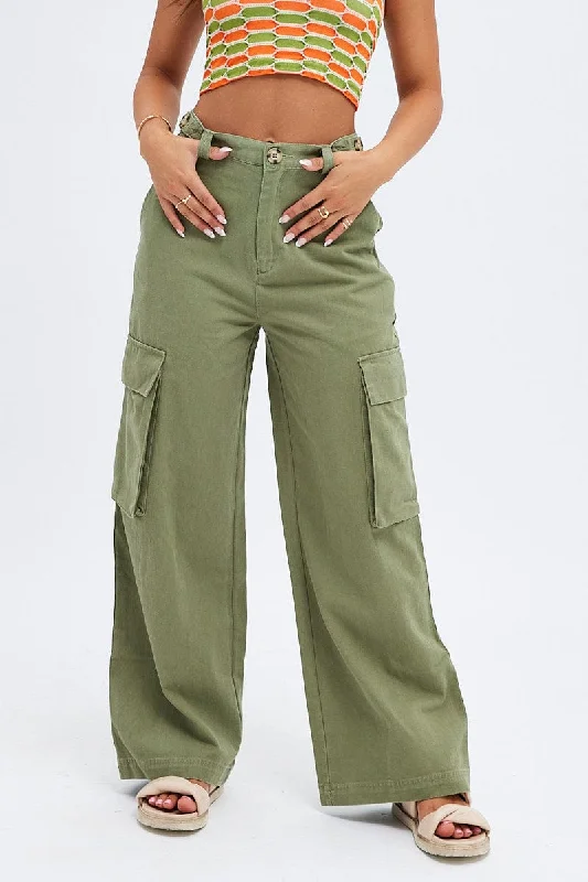 Green Wide Leg Pants Cargo Pockets