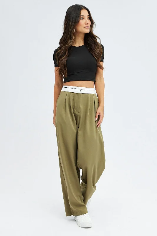 Green Wide Leg Pants Turn Down Waist Low Rise