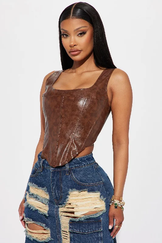 Kianna Washed Faux Leather Corset Top - Brown