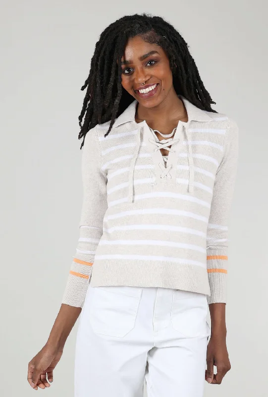 Lace-Up Stripe Polo Sweater, Champagne