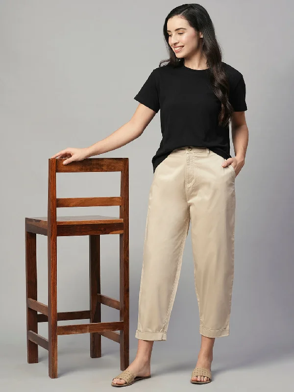 Women's Beige Cotton Elastane Loose Fit Pant