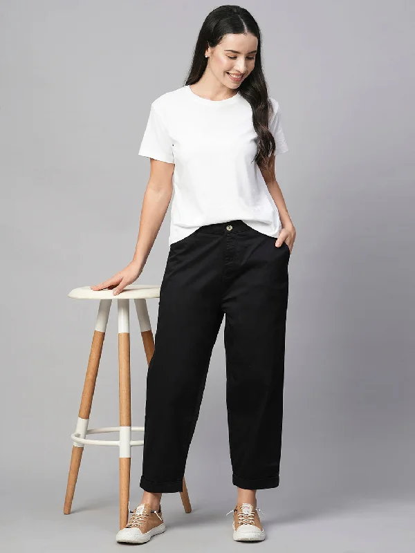 Women's Black Cotton Elastane Loose Fit Pant