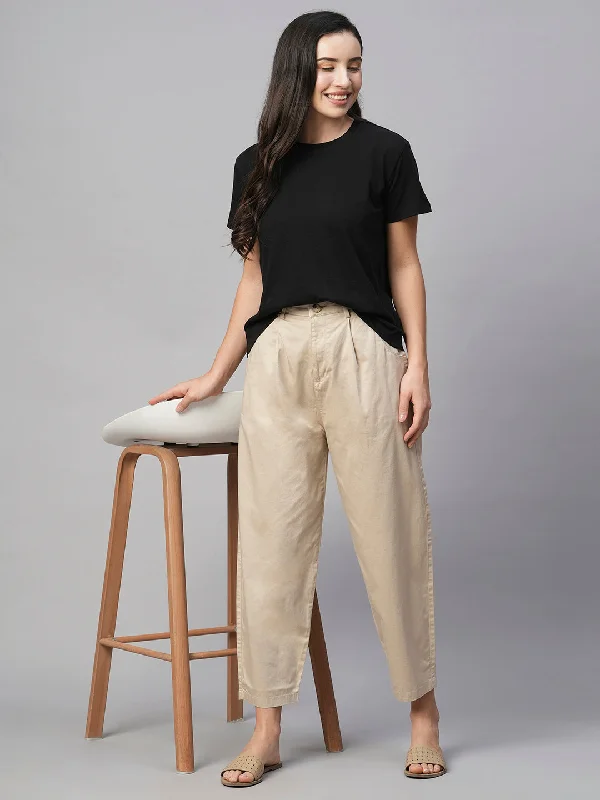 Women's Beige Cotton Elastane Loose Fit Pant