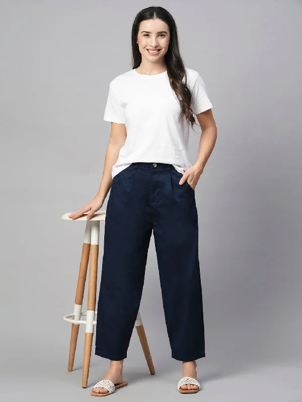 Women's Navy Cotton Elastane Loose Fit Pant