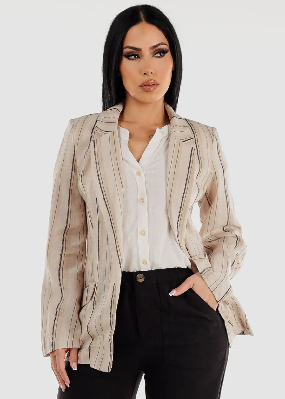 Linen Long Sleeve Open Front Stripe Blazer Mocha