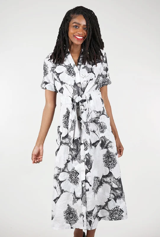 Linen Floral Shirtdress, Gray