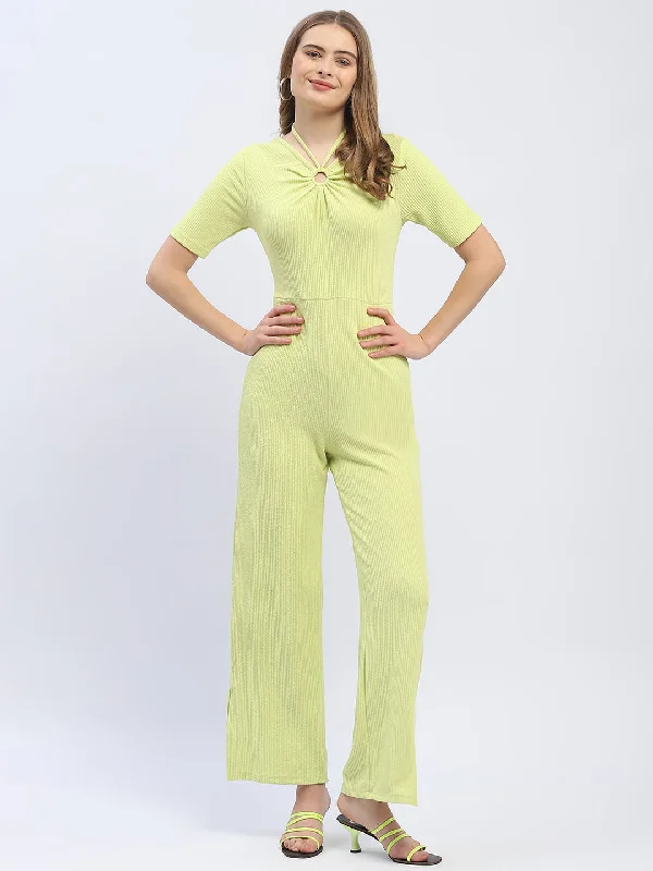 Madame  Halter Neck Neon Green Ribbed Jumpsuit