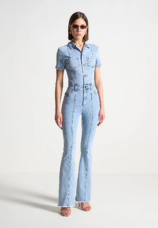 Mini Flared Denim Jumpsuit - Mid Blue