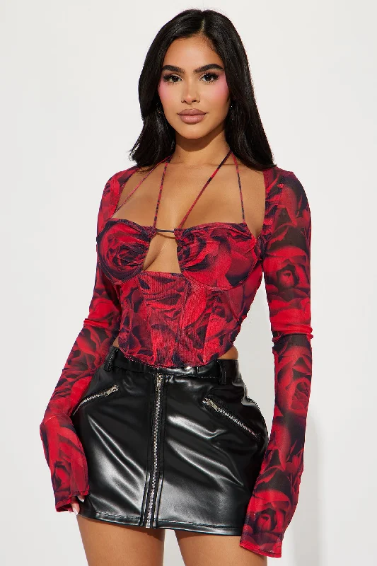 Miranda Mesh Floral Corset Top - Red/combo