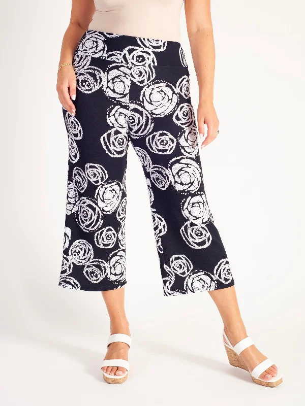 Navy/White Rose Print Cropped Pant