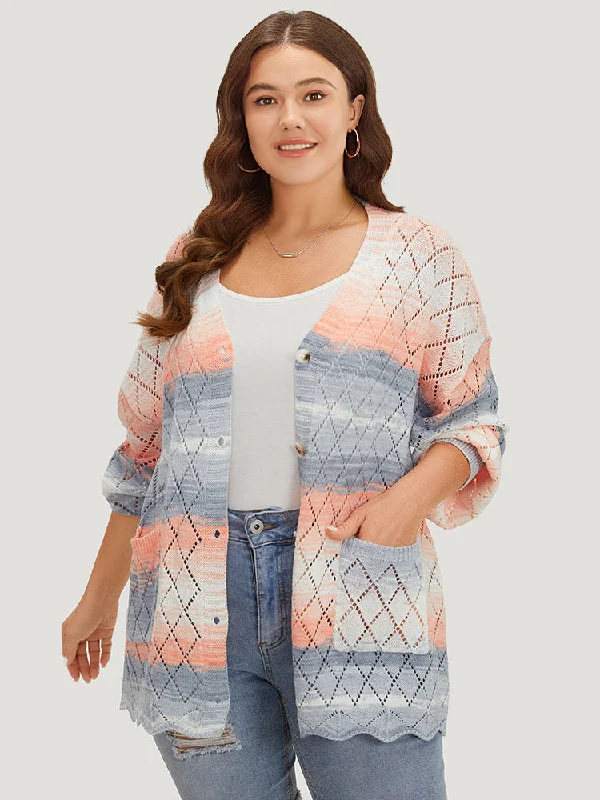 Ombre Pocket Scalloped Trim Button Down Cardigan