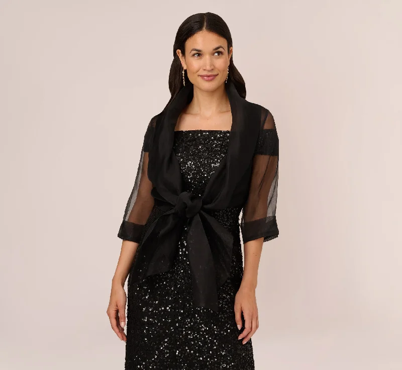 Organza Wrap Jacket With Short Sleeves In Black