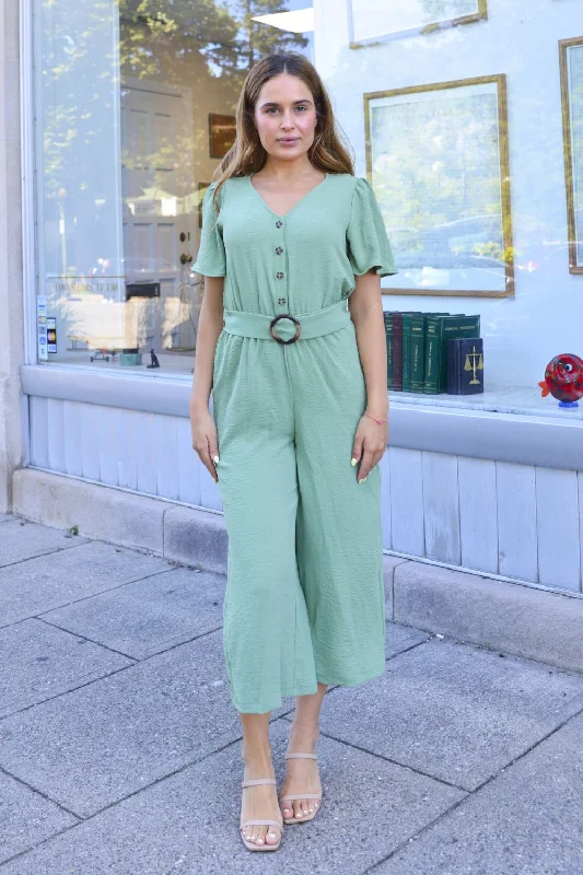 Petite Gaucho Button-Down Jumpsuit (LT Sage)