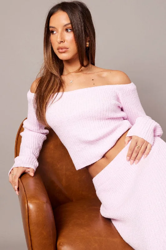 Pink Knit Top Long Sleeve Off Shoulder