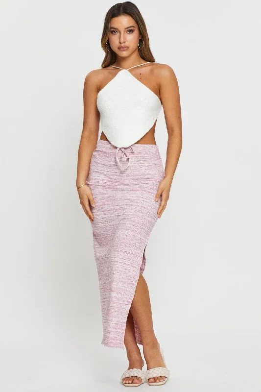 Pink Ribbed Bodycon Midi Skirt