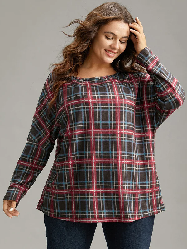 Plaid Dolman Sleeve Round Neck T-shirt