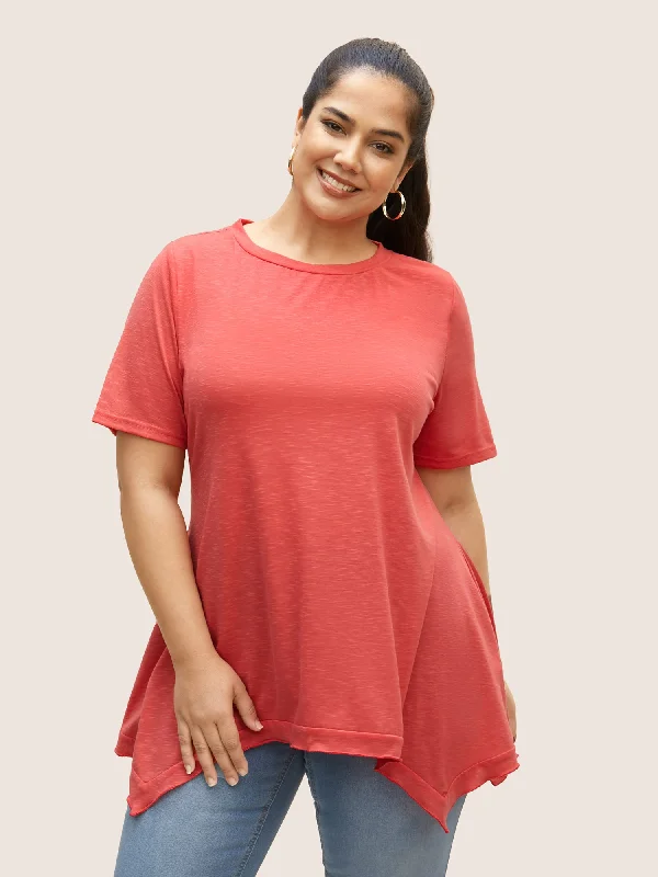 Plain Asymmetrical Hem Knit T-shirt