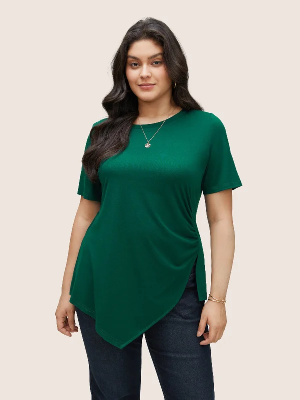 Plain Gathered Split Asymmetrical Hem T-shirt