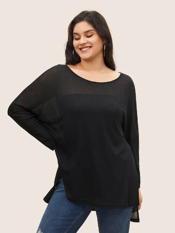 Plain Mesh Split Side Long Sleeve T-shirt