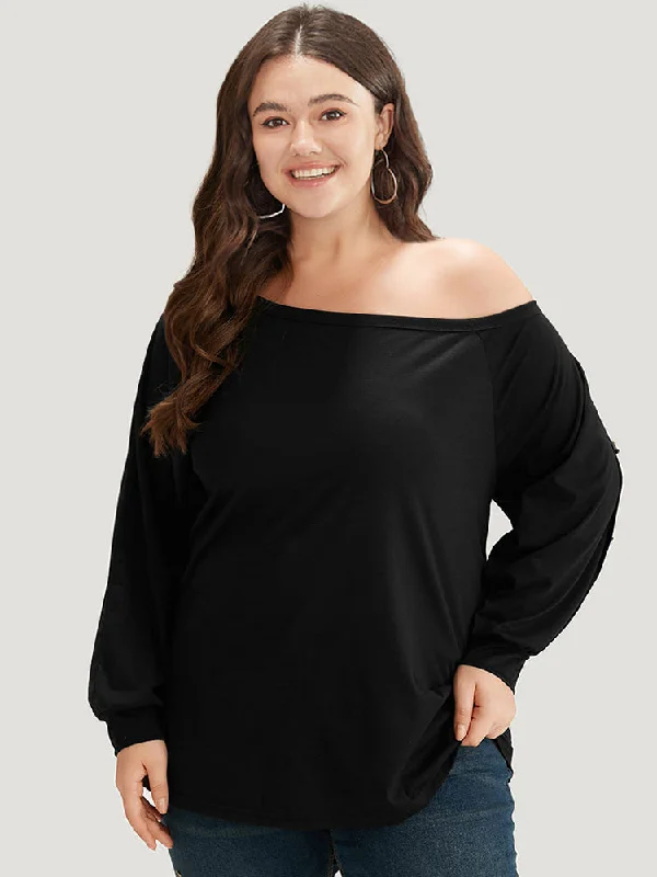 Plain One Shoulder Button Detail Elastic Cuffs T-shirt