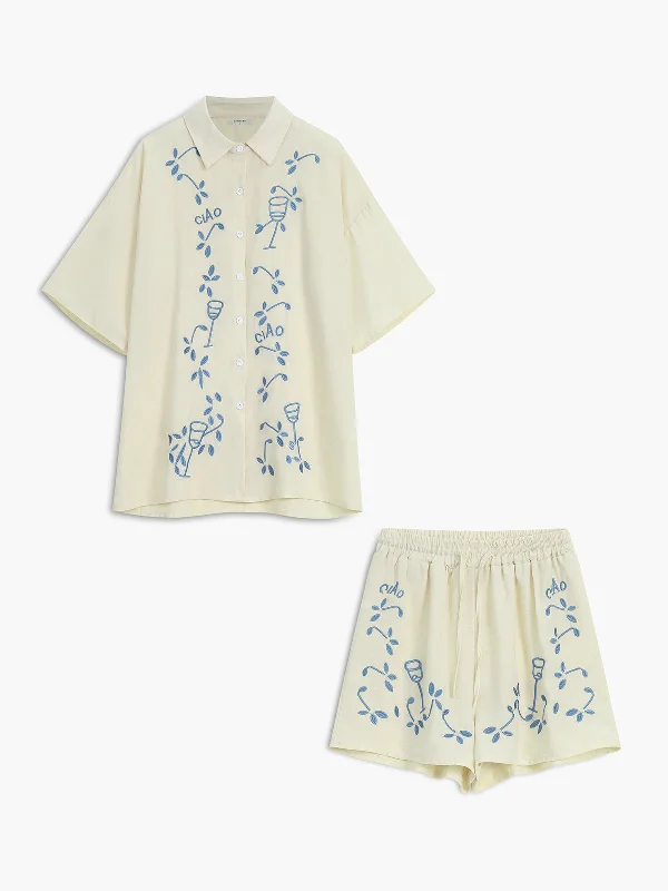 Plant Embroidery Leisure Shorts Set