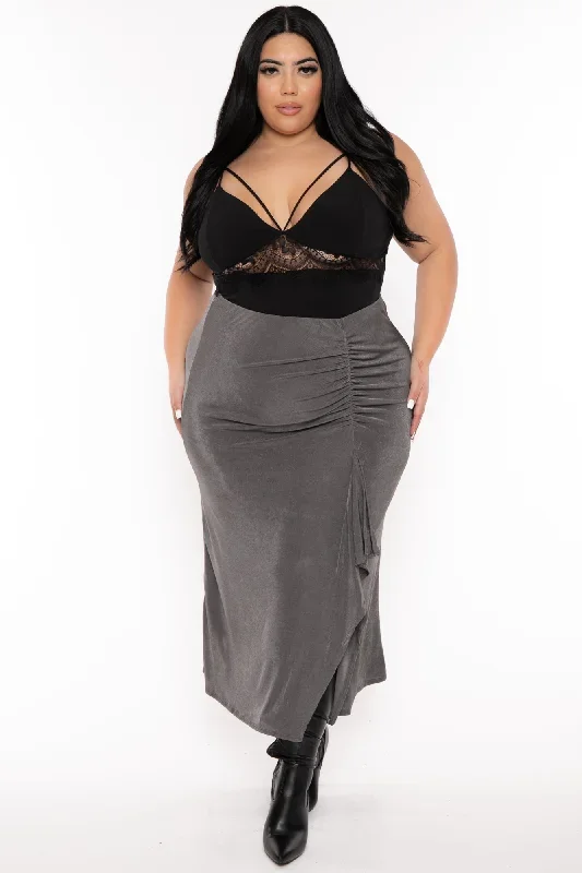 Plus Size Darby Drape  Midi Skirt -Charcoal