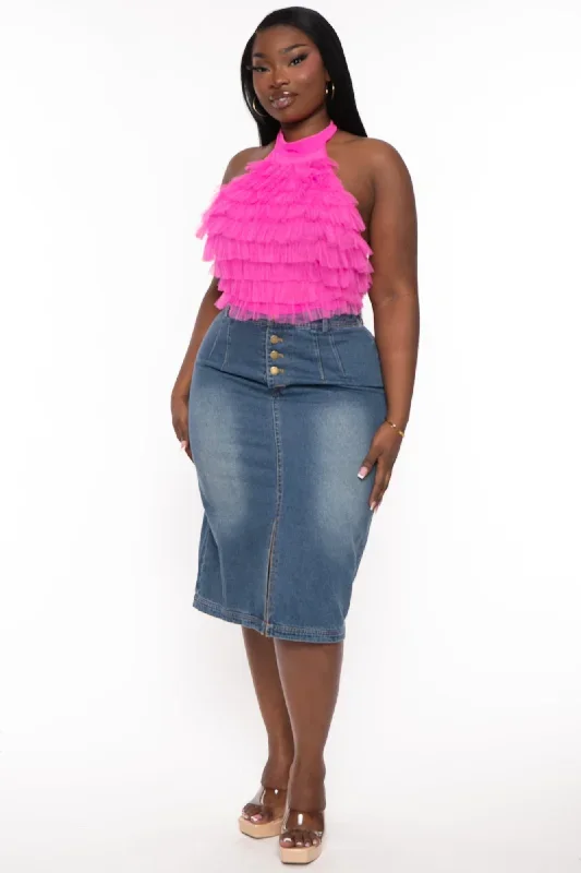 Plus Size Denim  Midi Skirt - Blue