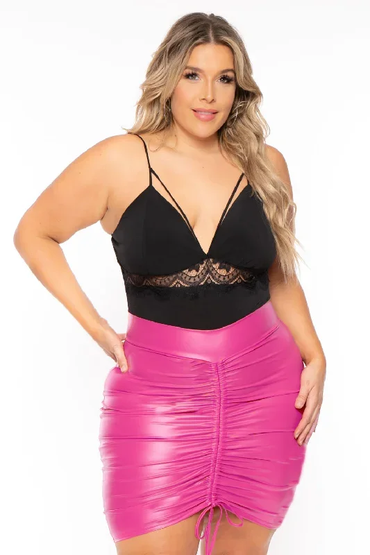 Plus Size Faux Leather Drawstring  Skirt - Pink