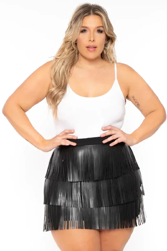 Plus Size Faux Leather Fringe Mini Skirt - Black