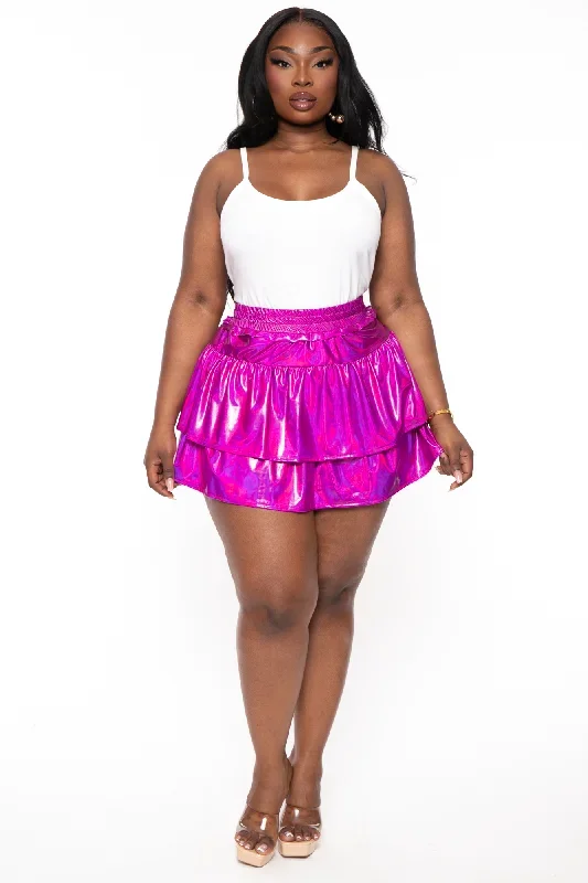 Plus Size Metallic Tiered Mini Skirt - Magenta