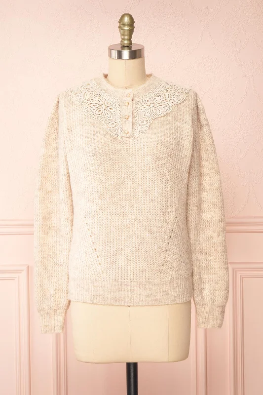 Reagan Beige | Buttoned Collar Sweater w/ Lace