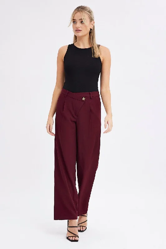 Red Wide Leg Pants Low Rise Cross over Waistband