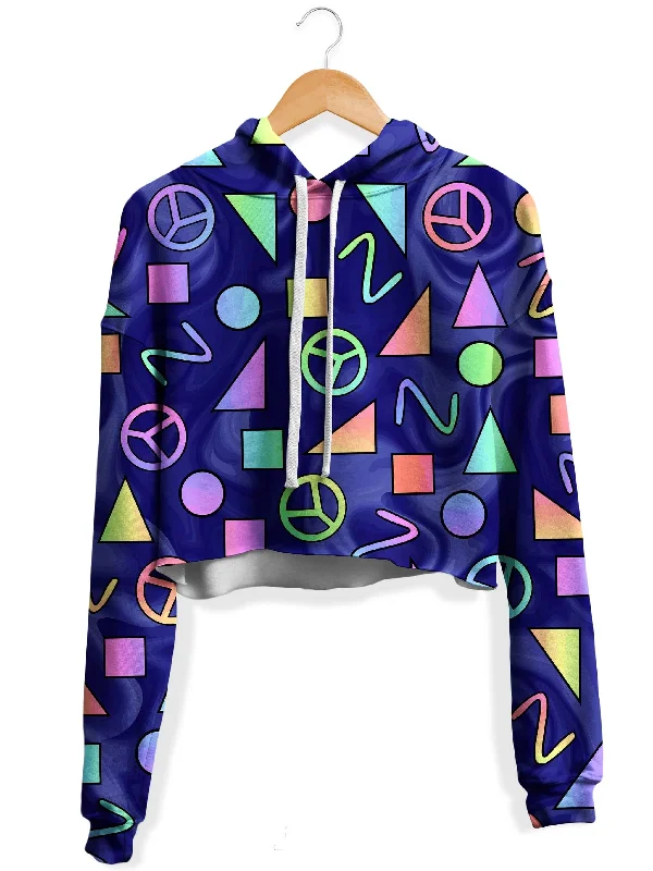 Retro Shapes Peace Symbols Blue Fleece Crop Hoodie