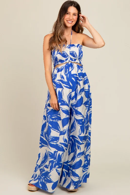 royal-blue-tropical-print-cutout-smocked-maternity-jumpsuit