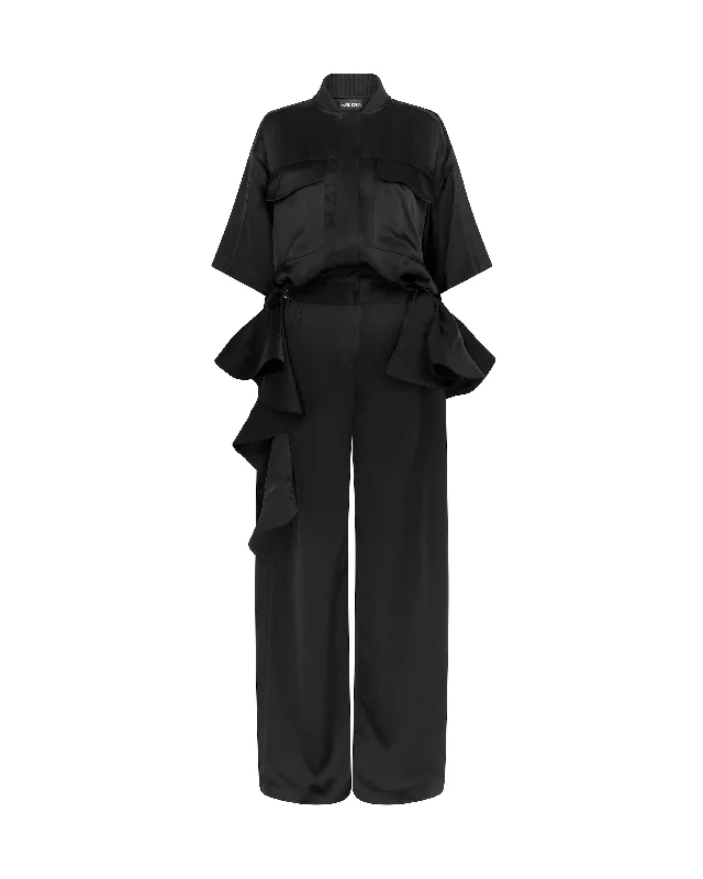 BLACK SATIN SHIRT JUMPSUIT