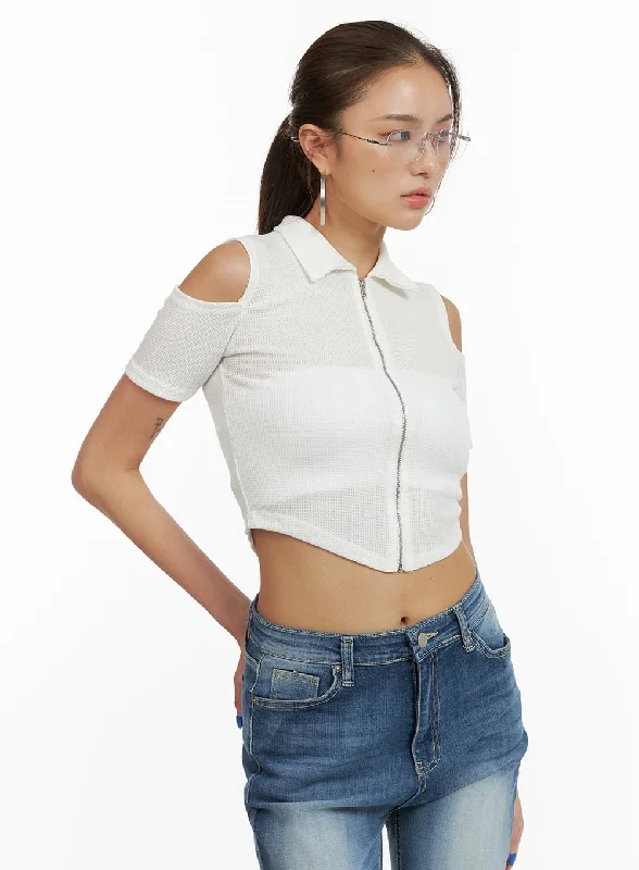 Shoulder Cut Out Collar Crop Top CY431