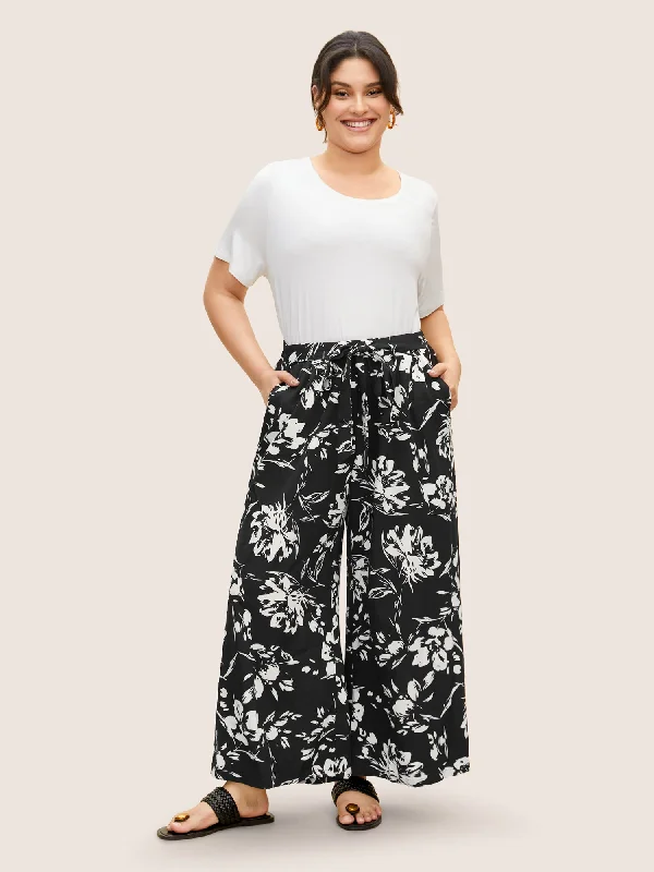 Silhouette Floral Print Tie Knot Wide Leg Pants