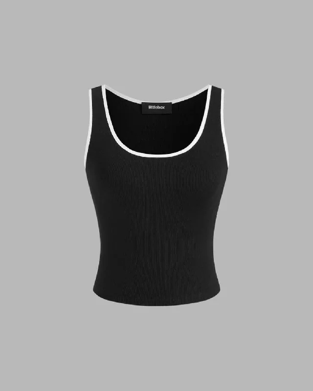 Solid Color Round Neck Ribbed Tank Top In Black