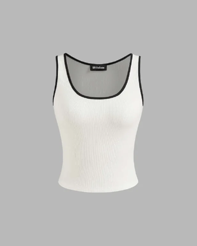 Solid Color Round Neck Ribbed Tank Top In White