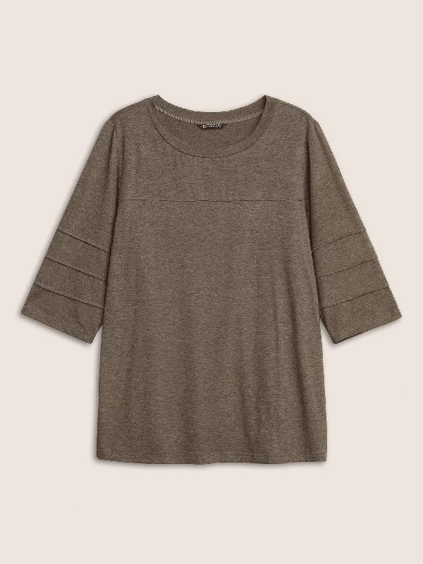 solid-pleated-detail-round-neck-t-shirt