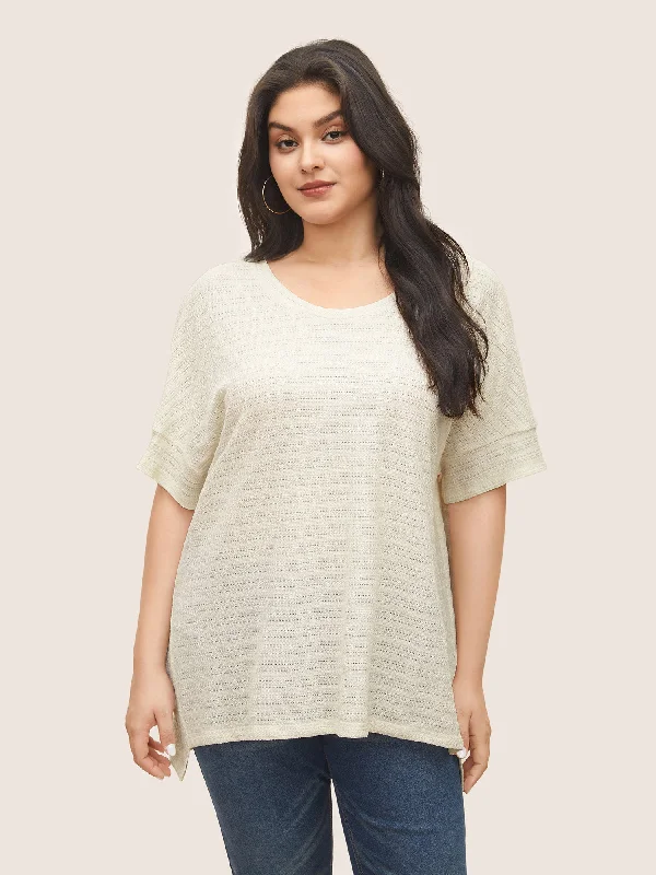 Solid Textured Crew Neck Batwing Sleeve T-shirt